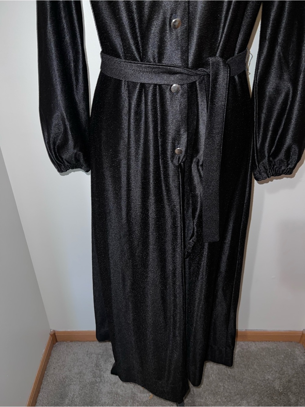 VTG 70s Dedra Designs Liquid Black Knit Maxi Shirtdress Snap Front Size 10 - Picture 3 of 14